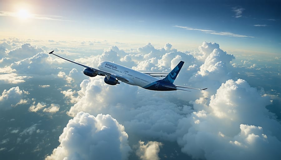 Commercial airplane flying through white clouds in blue sky