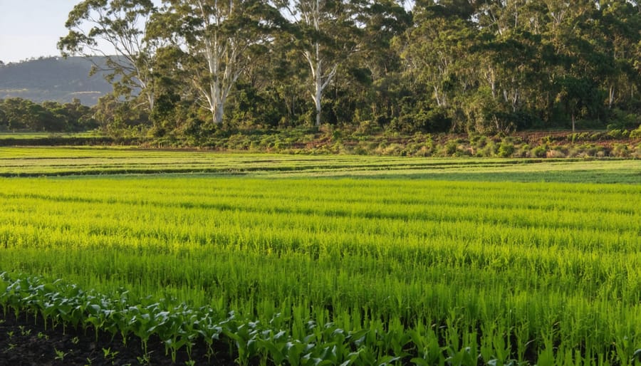 Panoramic view of organic farm with diverse crops, native plants, and natural habitat features