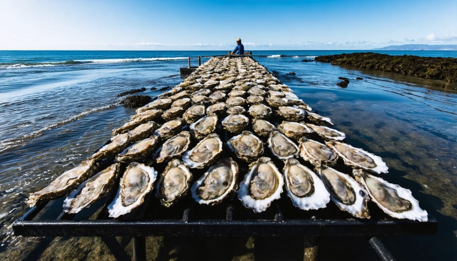 Aerial view of oyster farm beds in pristine coastal waters