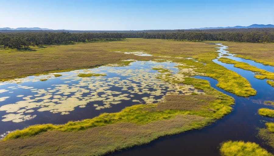 Natural wetland system demonstrating water purification stages in New South Wales