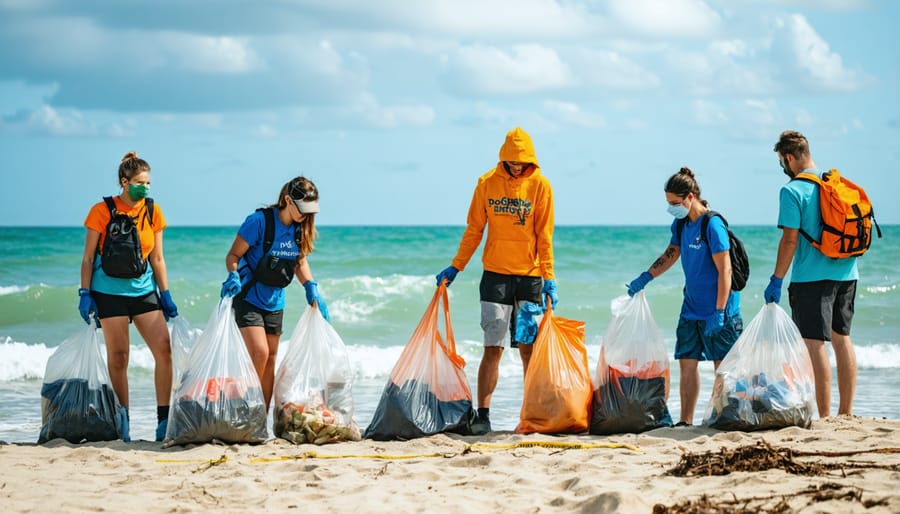 Group of volunteers in safety vests collecting litter from a beach