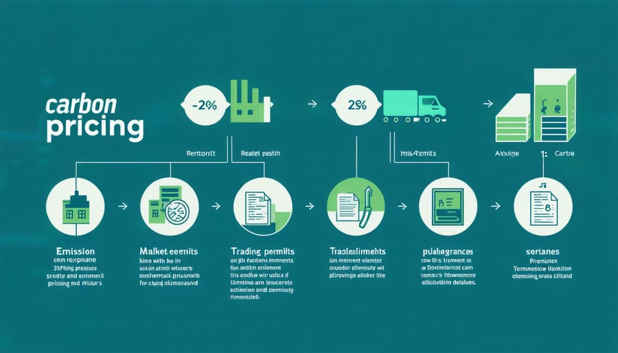 Visual diagram explaining carbon pricing mechanism with arrows showing flow between emitters and market
