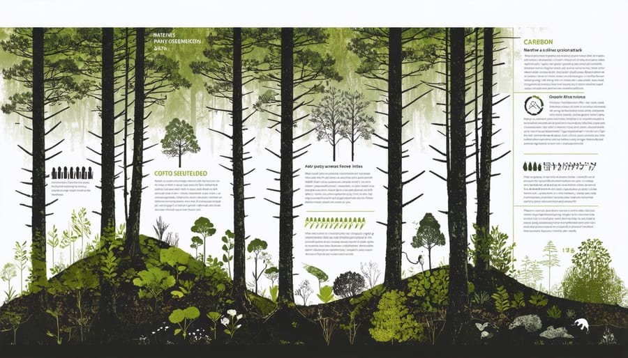 Eucalyptus forest with visual representation of carbon capture cycle
