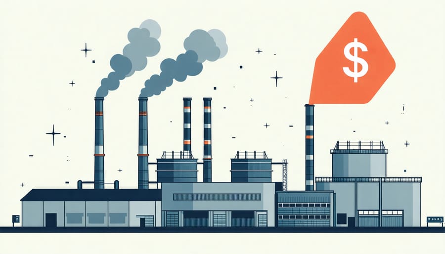 Industrial emissions with superimposed tax symbol illustrating carbon taxation concept