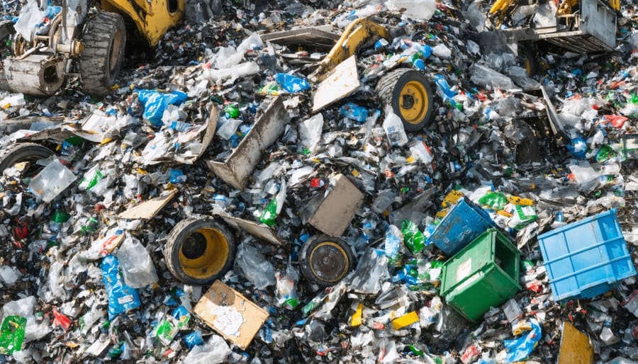 Workers sorting recyclable materials including glass, metal, and plastics at industrial recovery facility
