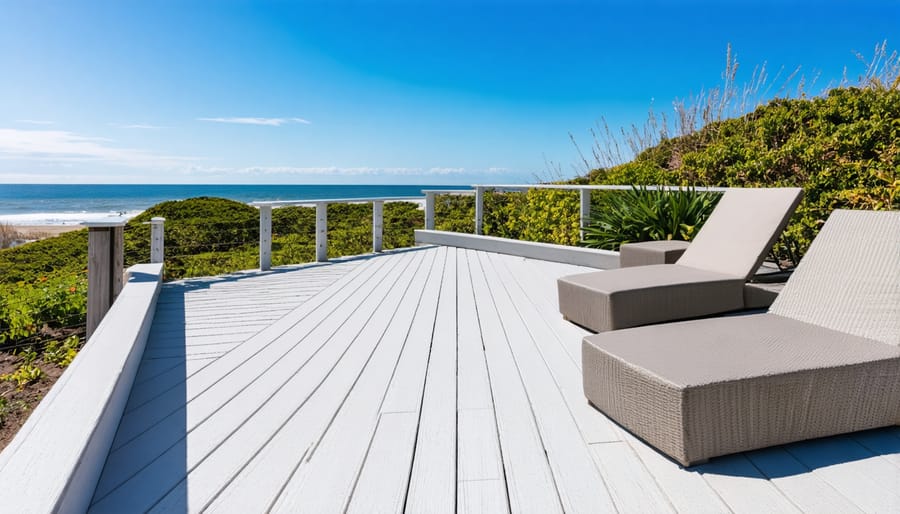 Family relaxing on coastal deck with ocean view