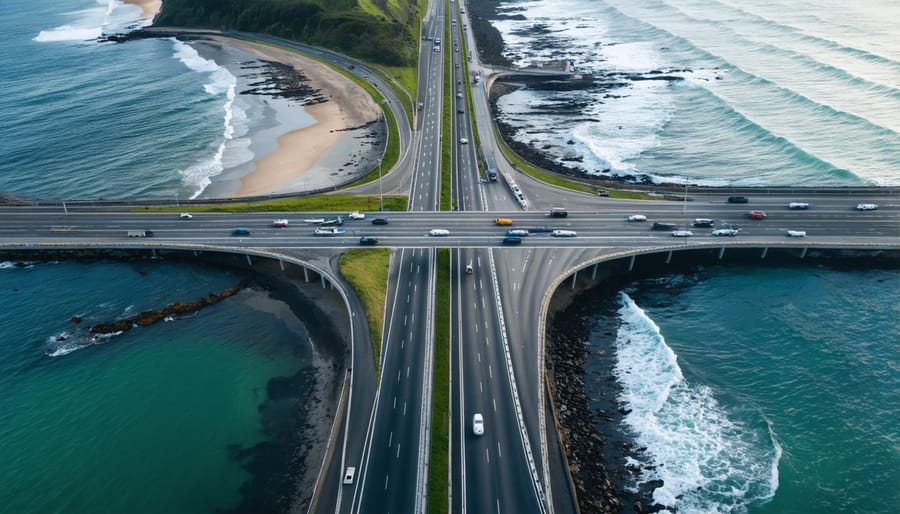 Aerial view of coastal highway and regional airport along Australian coastline