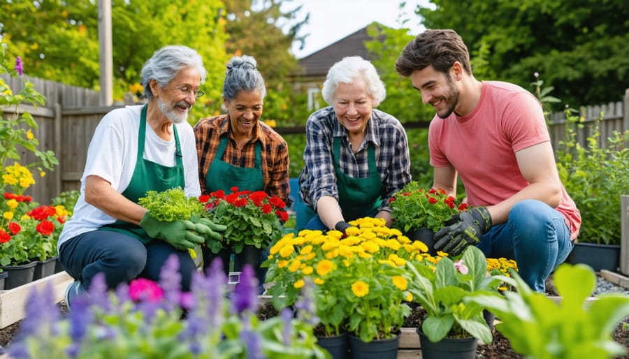Diverse group of people working together in a community garden with vegetable beds and greenhouse