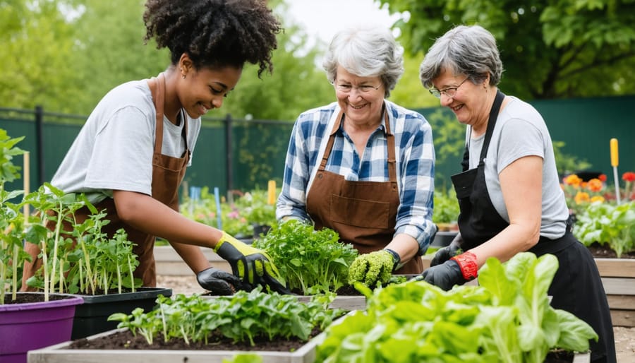 Diverse group of people gardening together in community garden setting