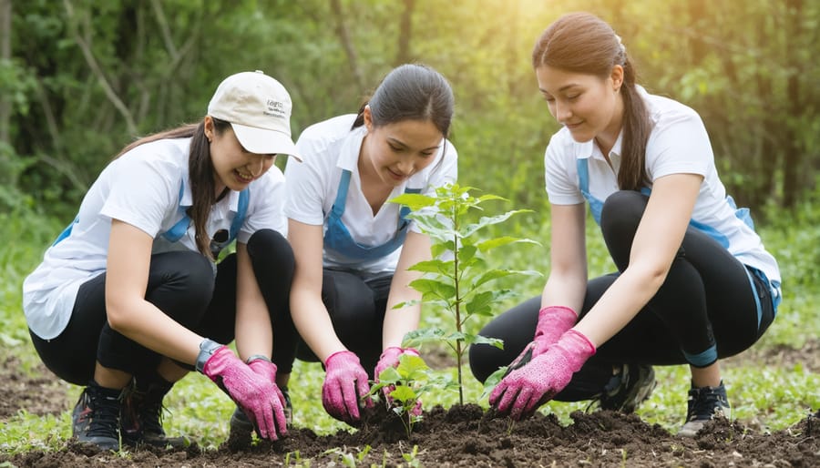 Diverse group of community members working together to plant native trees and shrubs