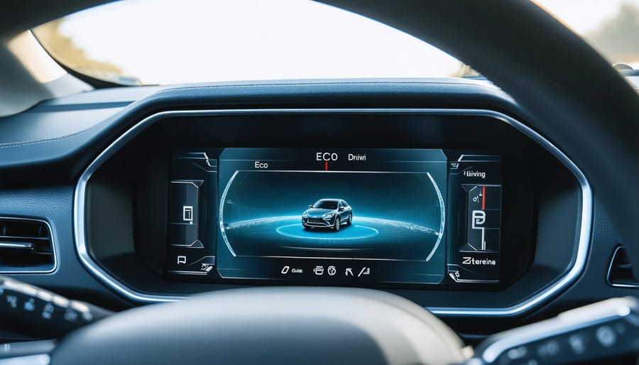 Car dashboard showing illuminated green eco driving indicator