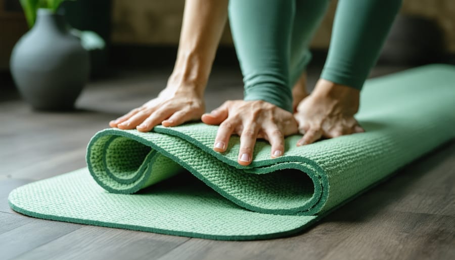 Hands cleaning eco-friendly yoga mat with natural cleaning products on wooden deck