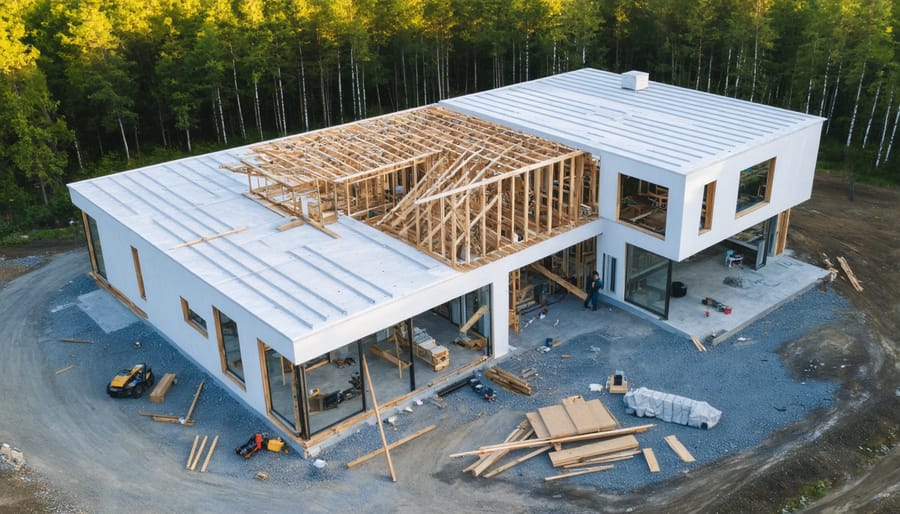 Factory-built sections of an eco prefab home being assembled by crane