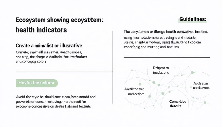 Visual diagram showing key indicators of ecosystem health including biodiversity, water quality, and native species presence