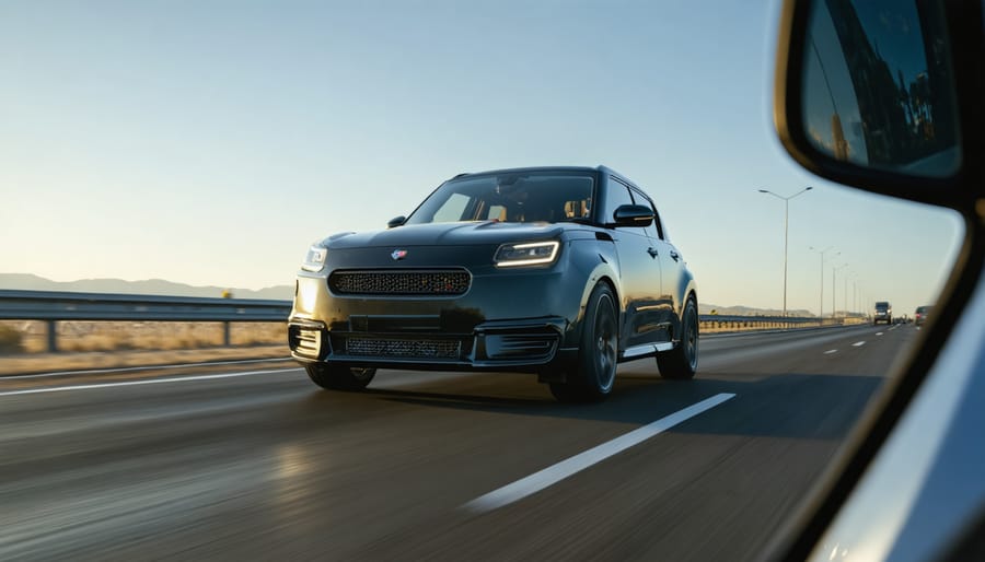 Car driving smoothly along Australian highway during sunset
