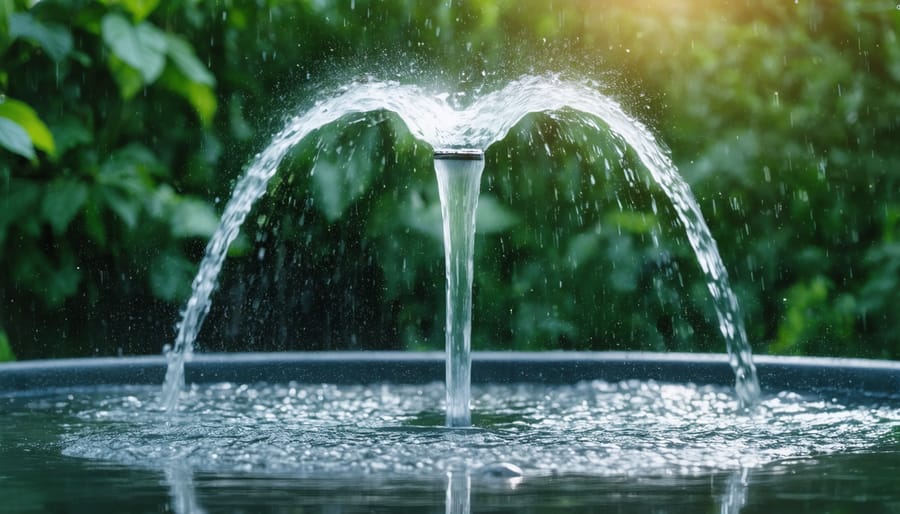 Close-up of first flush diverter device showing collected debris in transparent chamber
