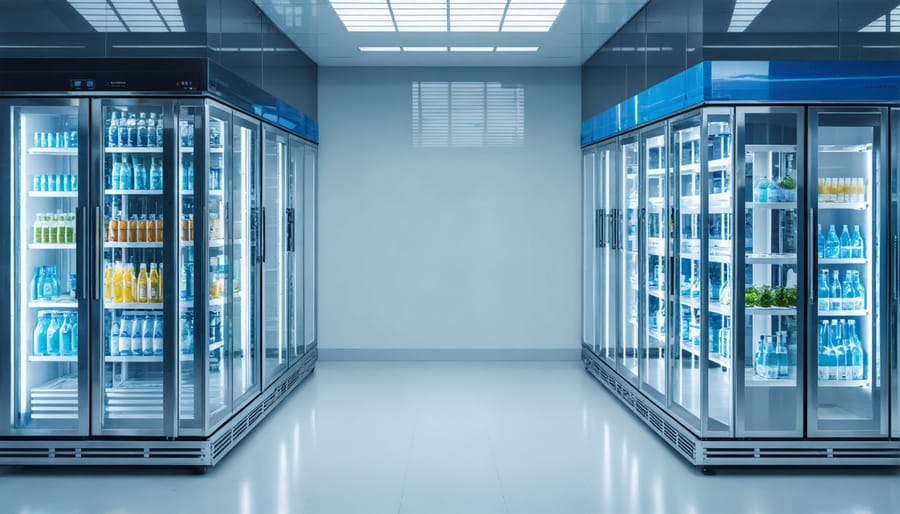 Technician performing maintenance check on commercial refrigeration system