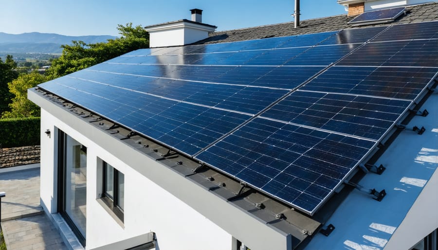 Residential rooftop solar panels with wall-mounted battery storage system