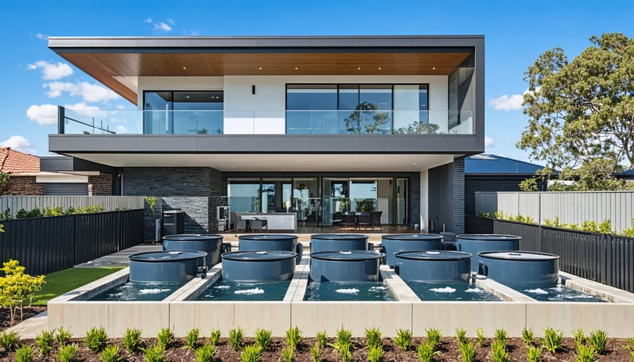 Rainwater collection tanks installed alongside contemporary sustainable home
