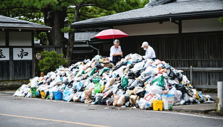 People sorting household waste into multiple organized collection bins in Japan