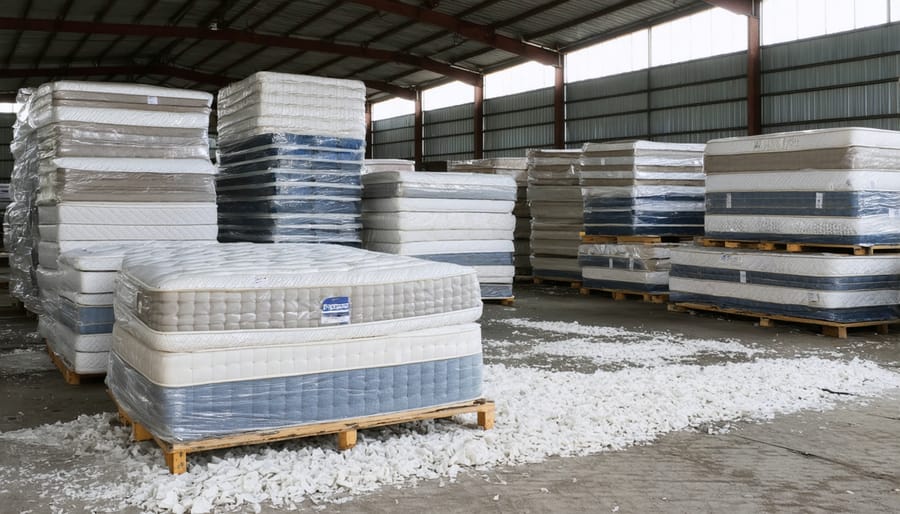 Workers at recycling facility separating and processing mattress materials