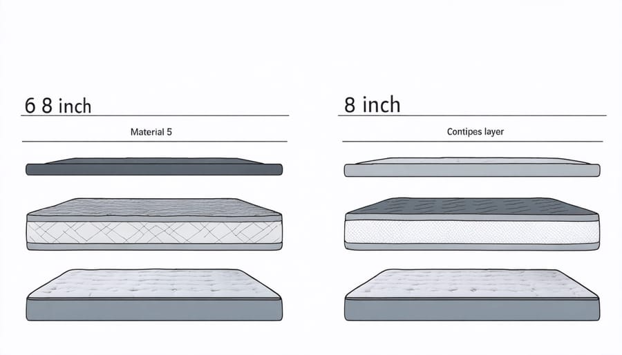 Cross-sectional diagram showing material layers in 6-inch versus 8-inch mattress