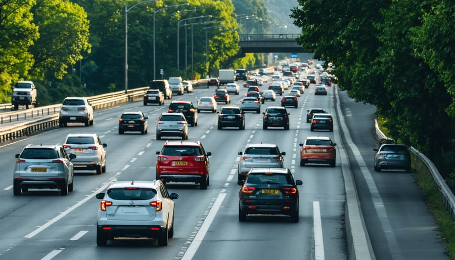 Multiple lanes of varied vehicle types in highway traffic