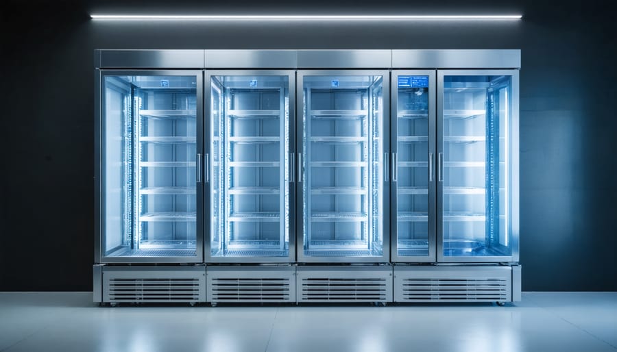 Modern stainless steel commercial refrigerator in professional kitchen setting