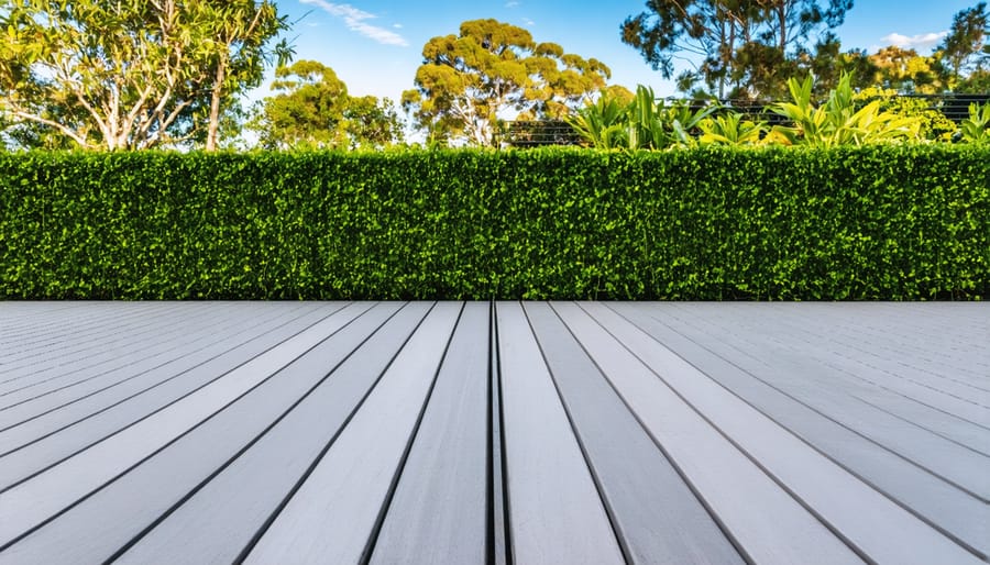 Elevated view of vinyl composite deck with outdoor furniture and potted plants
