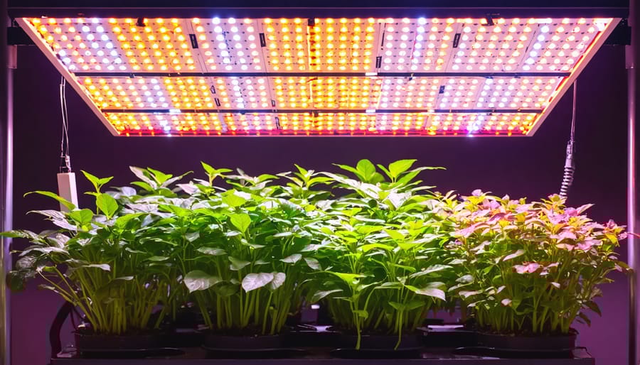 Modern LED grow light illuminating healthy indoor plants