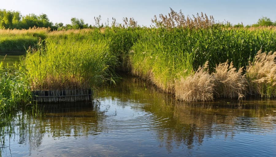 Natural reed bed with tall green reeds growing from filtered water