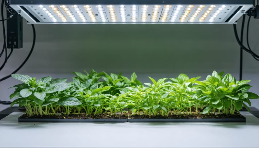 Close-up of healthy plant leaves under LED grow light