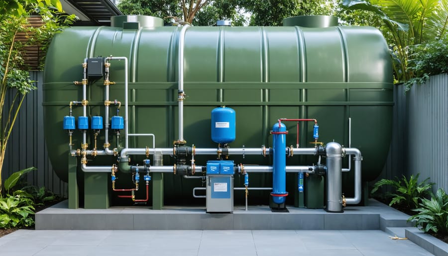 Blue rainwater collection tank installed beside Australian residential home with guttering system