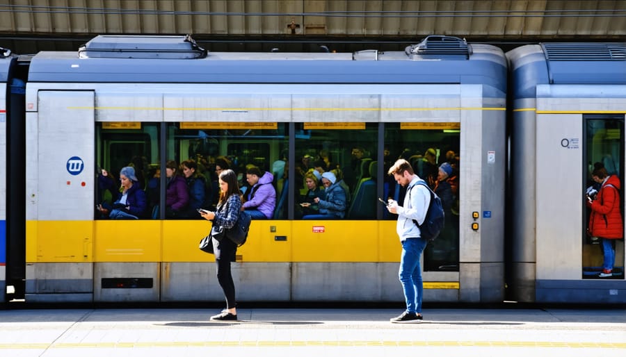 Passengers using public transport apps on their phones while riding a modern Australian train