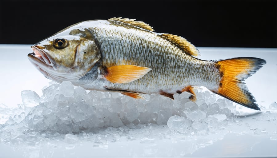 Fresh whole barramundi fish displayed on crushed ice at market