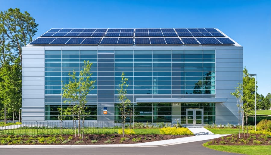 Modern sustainable office building with solar panels and living green wall