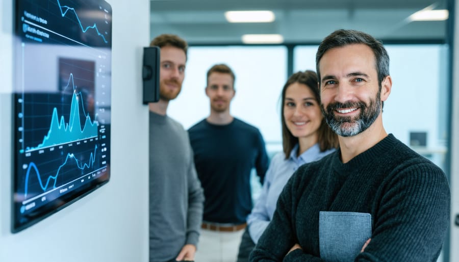 Group of office workers reviewing energy efficiency data on tablet device