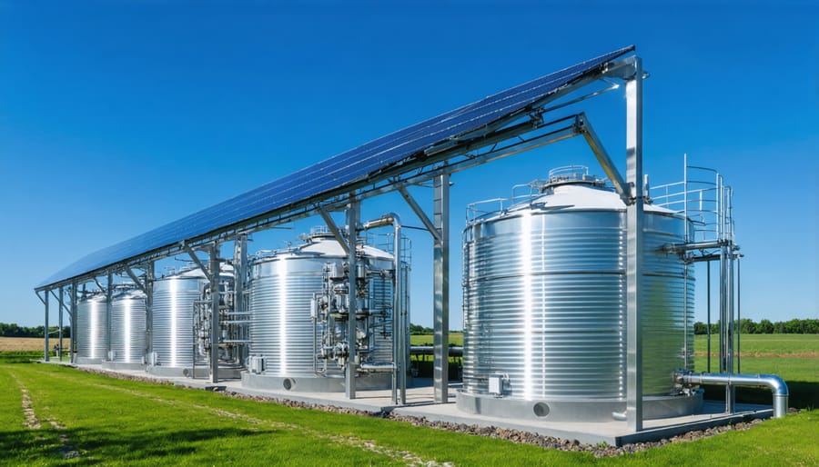 Solar thermal storage tank and piping system in residential mechanical room