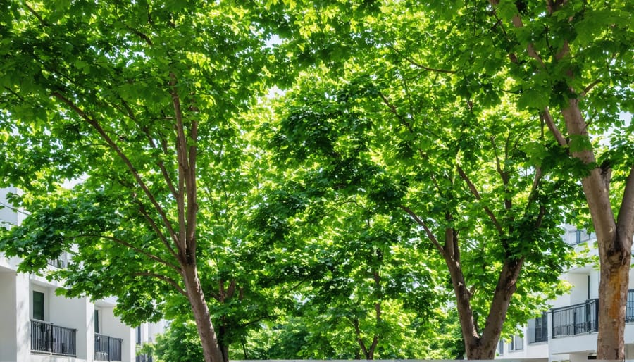 Aerial view of dense tree coverage in urban setting showing natural cooling effect