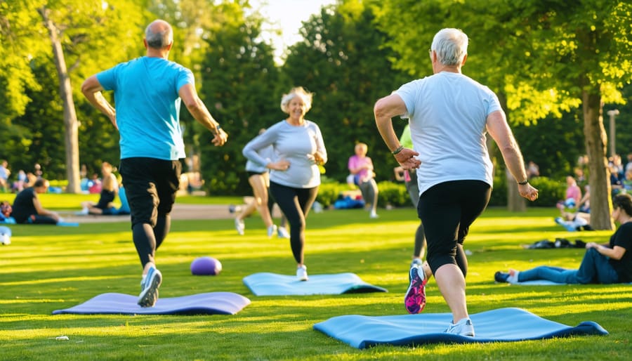 People exercising and doing yoga in a green urban park with city skyline in background