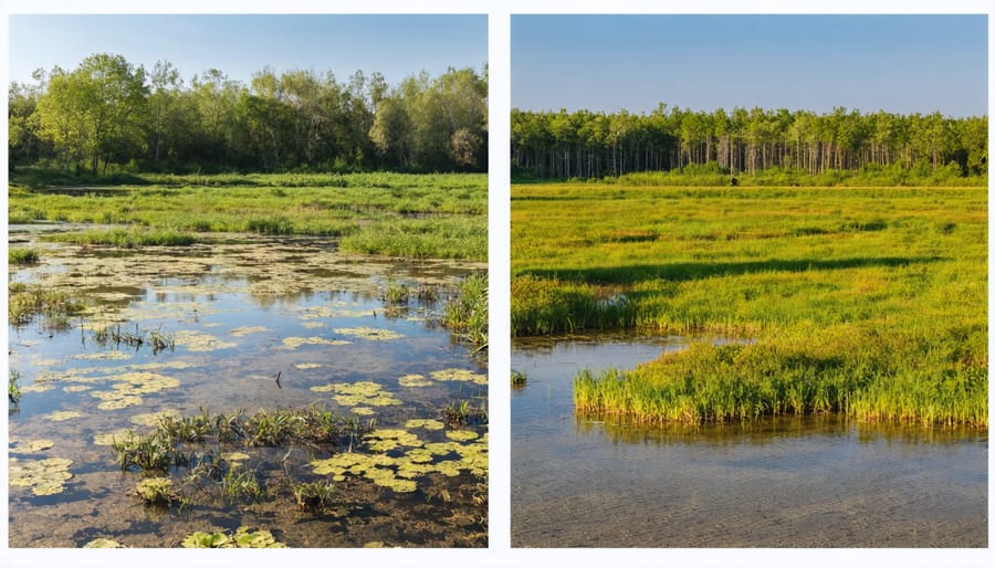 Split image showing a degraded wetland on the left and the same area after restoration with native plants and wildlife on the right