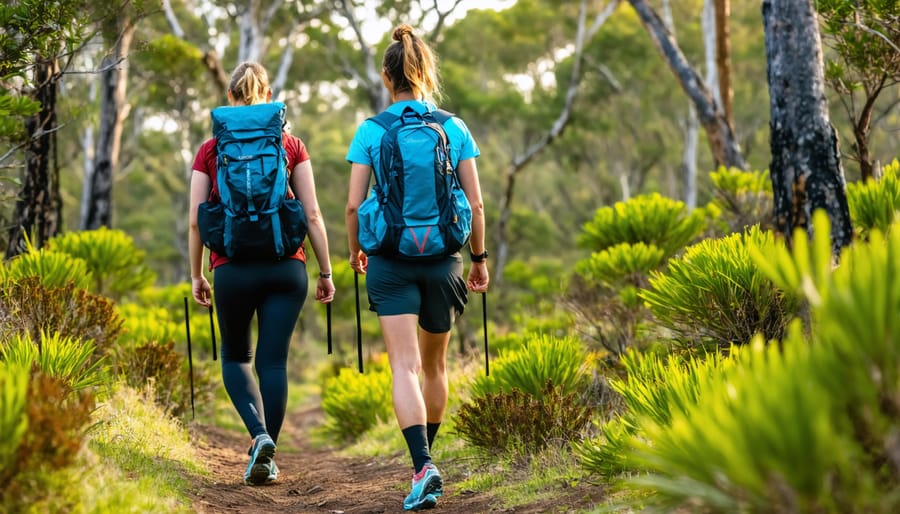 Woman trail running on bushland path surrounded by Australian native vegetation