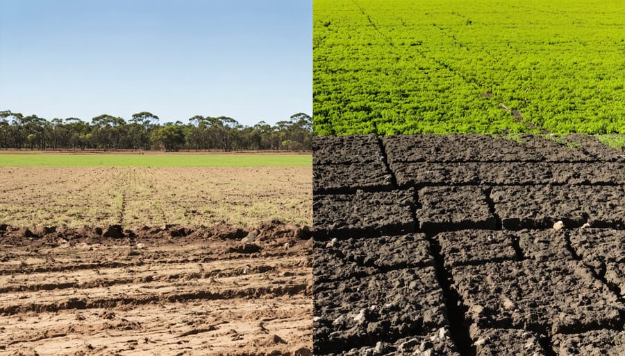 Aerial view showing eroded farmland with deep gullies next to healthy regenerated pasture