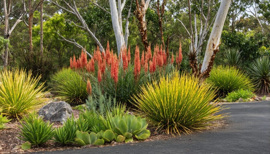 Thriving Australian native garden with colorful kangaroo paw and banksia flowers