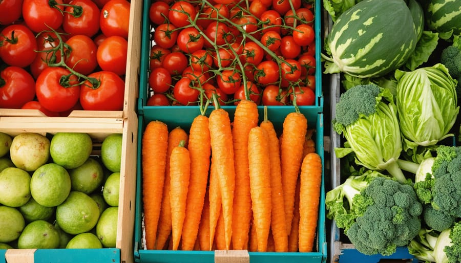 Overhead view of colorful fresh vegetables at Australian farmers market
