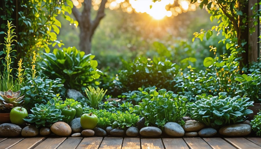 Sustainable Australian backyard garden with rainwater tanks, native plants, and vegetable beds