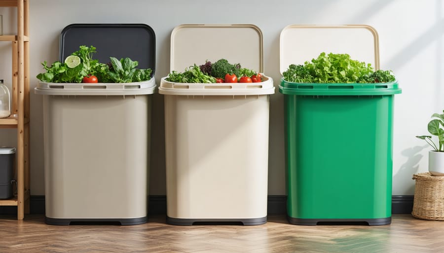 White bokashi composting bucket on kitchen counter with vegetable scraps