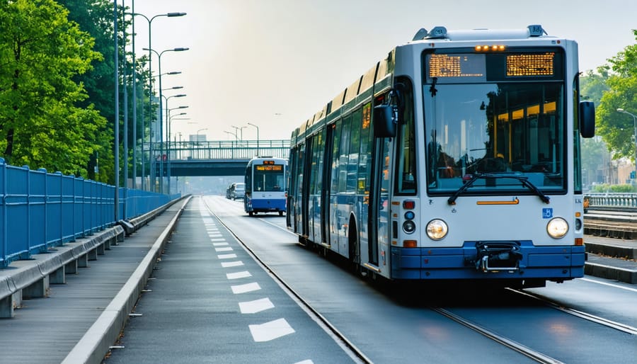 Modern bus traveling on dedicated bus rapid transit lane in Australian city