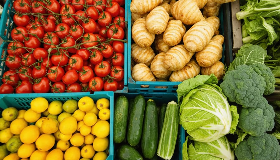 Australian farmer selling fresh produce to customers at local farmers market stall