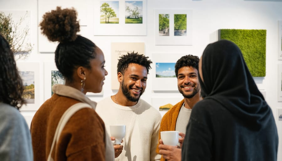 Diverse group of people interacting with renewable energy displays at sustainable living exhibition